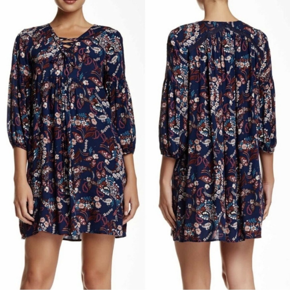 RO&DE Flower Paisley Print Navy Blue Boho Flowy Dress Size Medium